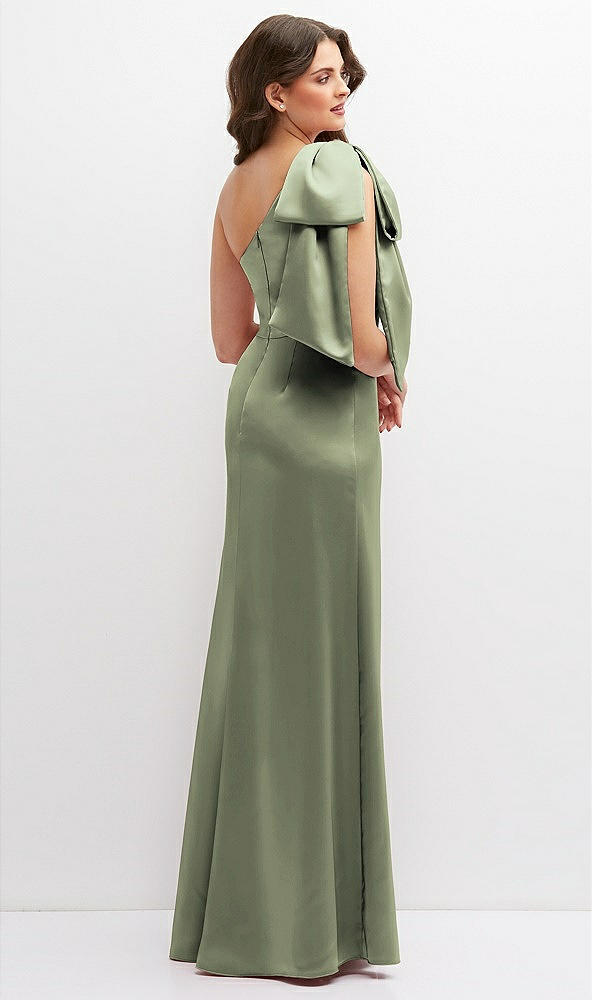 Back View - Sage One-Shoulder Satin Maxi Dress with Chic Oversized Shoulder Bow