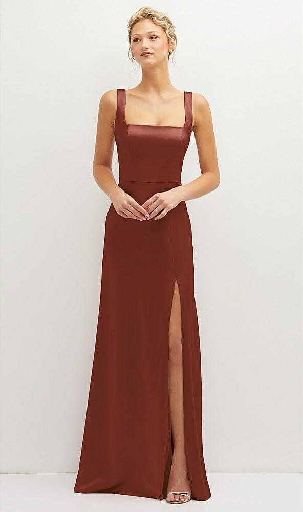 Front View - Auburn Moon Square-Neck Satin A-line Maxi Dress with Front Slit