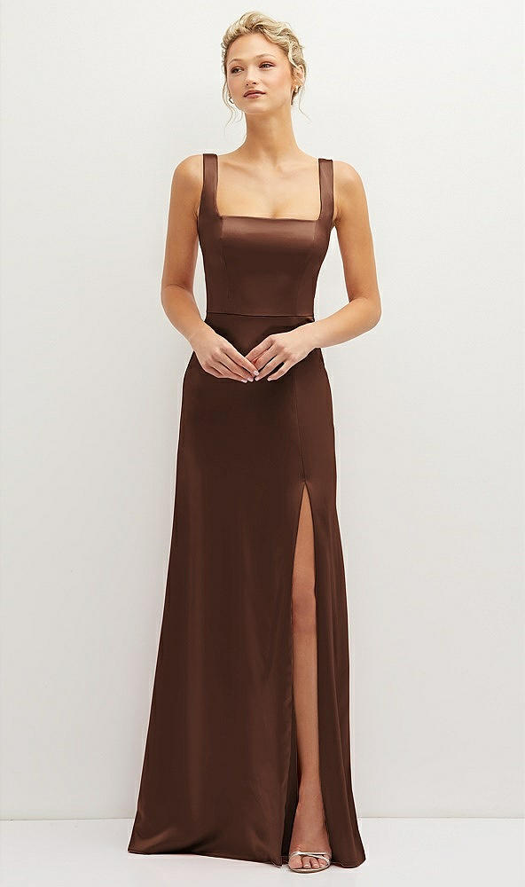 Front View - Cognac Square-Neck Satin A-line Maxi Dress with Front Slit