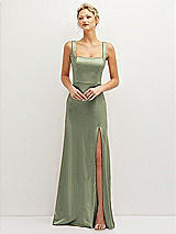 Front View Thumbnail - Sage Square-Neck Satin A-line Maxi Dress with Front Slit