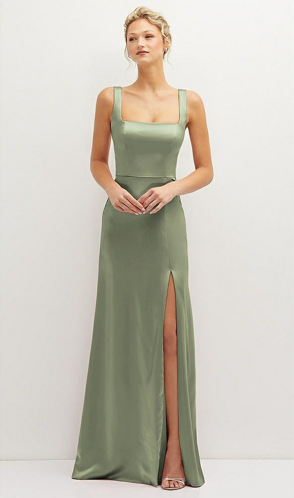 Front View - Sage Square-Neck Satin A-line Maxi Dress with Front Slit