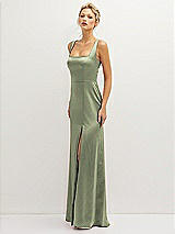 Side View Thumbnail - Sage Square-Neck Satin A-line Maxi Dress with Front Slit