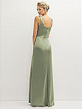 Rear View Thumbnail - Sage Square-Neck Satin A-line Maxi Dress with Front Slit
