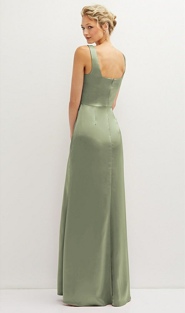 Back View - Sage Square-Neck Satin A-line Maxi Dress with Front Slit