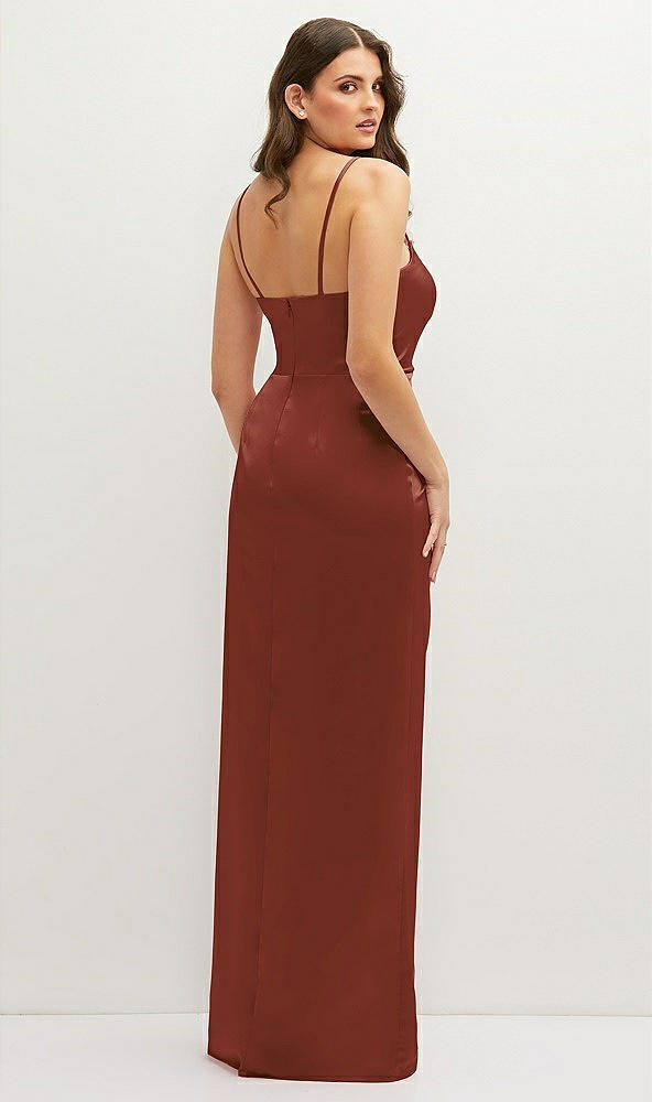 Back View - Auburn Moon Asymmetrical Draped Pleat Wrap Satin Maxi Dress