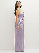 Side View Thumbnail - Lilac Haze Asymmetrical Draped Pleat Wrap Satin Maxi Dress