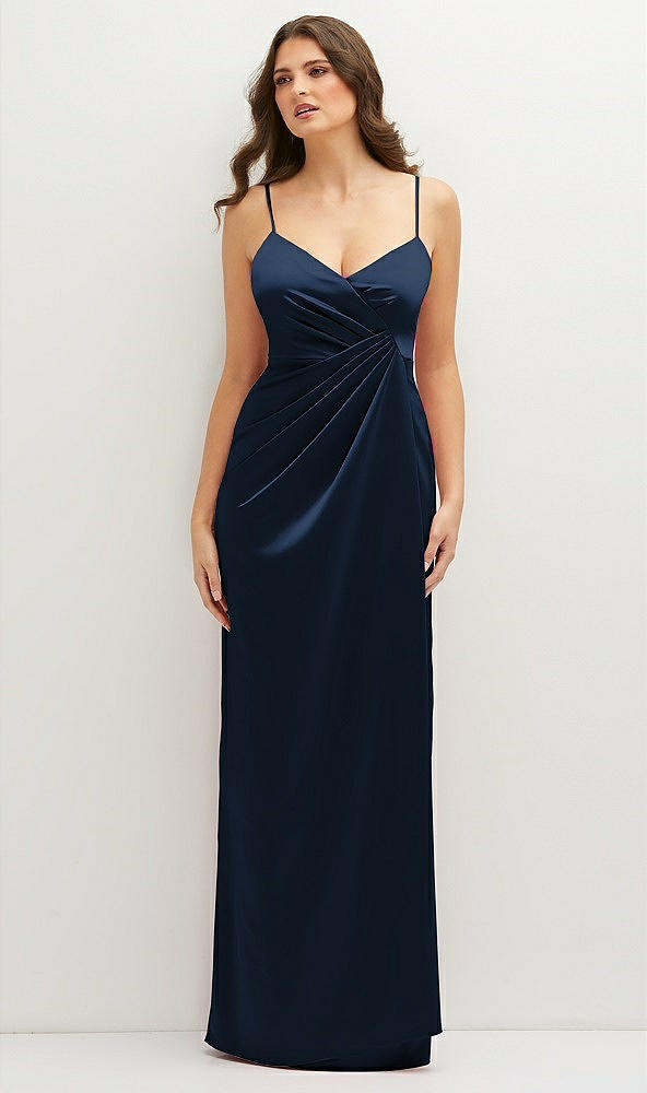 Front View - Midnight Navy Asymmetrical Draped Pleat Wrap Satin Maxi Dress