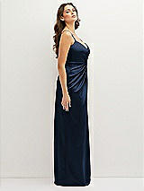 Side View Thumbnail - Midnight Navy Asymmetrical Draped Pleat Wrap Satin Maxi Dress