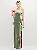 Front View Thumbnail - Sage Strapless Pull-On Satin Column Dress with Side Seam Slit