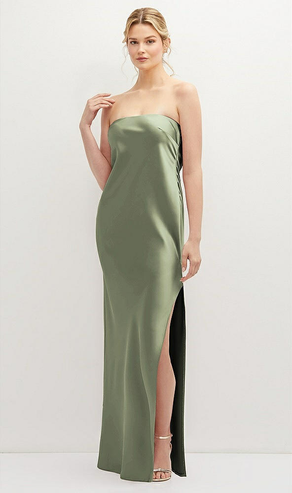 Front View - Sage Strapless Pull-On Satin Column Dress with Side Seam Slit