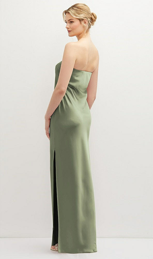 Back View - Sage Strapless Pull-On Satin Column Dress with Side Seam Slit