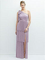 Front View Thumbnail - Metallic Lilac Haze Tiered Skirt Metallic Pleated One-Shoulder Bow Dress