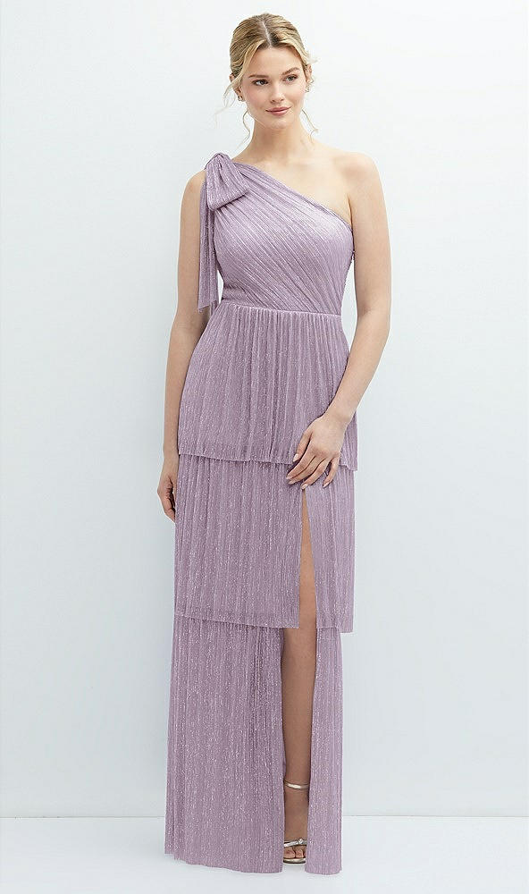 Front View - Metallic Lilac Haze Tiered Skirt Metallic Pleated One-Shoulder Bow Dress
