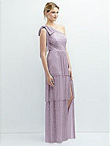 Side View Thumbnail - Metallic Lilac Haze Tiered Skirt Metallic Pleated One-Shoulder Bow Dress