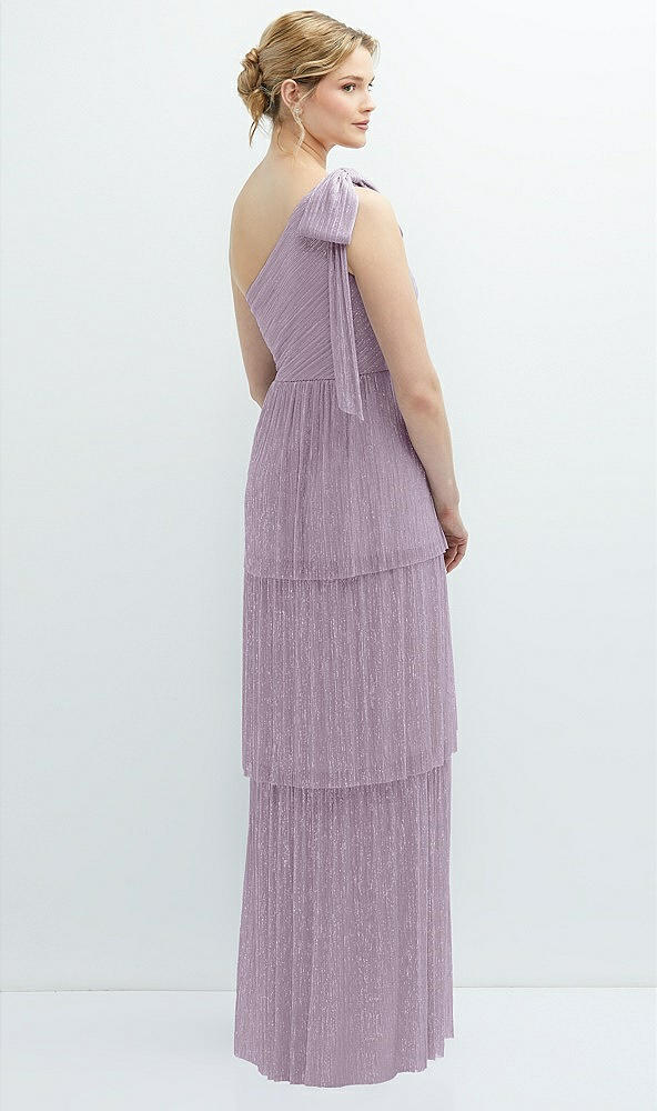Back View - Metallic Lilac Haze Tiered Skirt Metallic Pleated One-Shoulder Bow Dress