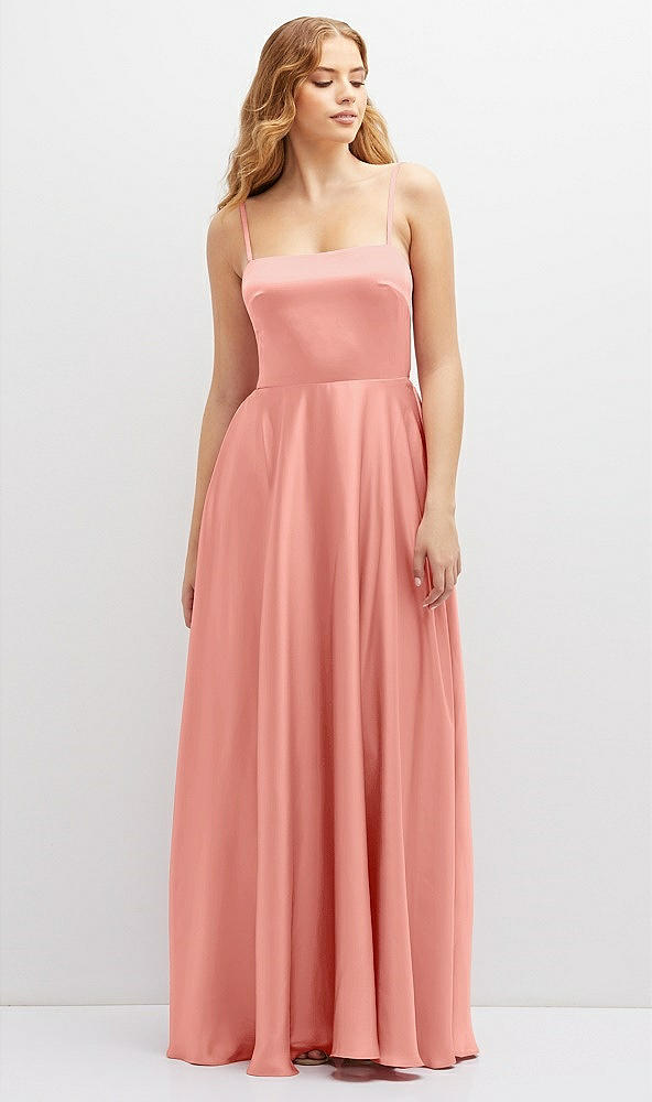 Front View - Rose - PANTONE Rose Quartz Adjustable Sash Tie Back Satin Maxi Dress with Full Skirt
