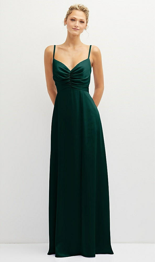 Front View - Evergreen Vertical Ruched Bodice Satin Maxi Dress with Full Skirt