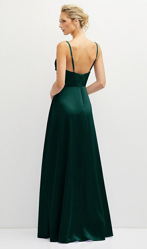 Back View - Evergreen Vertical Ruched Bodice Satin Maxi Dress with Full Skirt