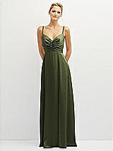 Front View Thumbnail - Olive Green Vertical Ruched Bodice Satin Maxi Dress with Full Skirt