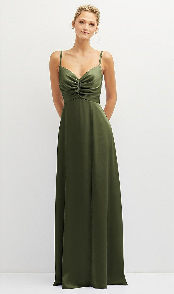 Front View - Olive Green Vertical Ruched Bodice Satin Maxi Dress with Full Skirt