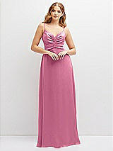 Alt View 1 Thumbnail - Orchid Pink Vertical Ruched Bodice Satin Maxi Dress with Full Skirt