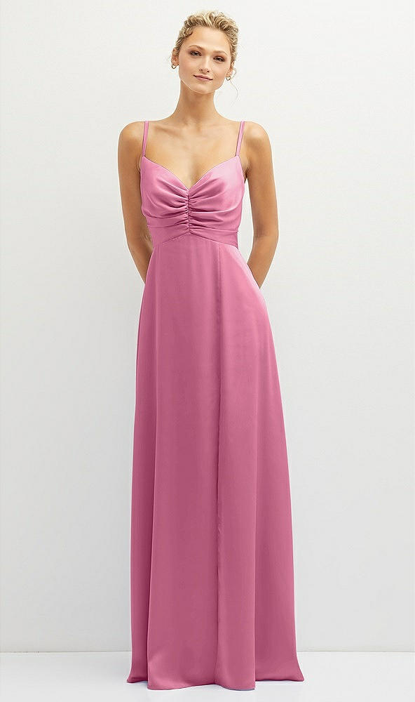 Front View - Orchid Pink Vertical Ruched Bodice Satin Maxi Dress with Full Skirt