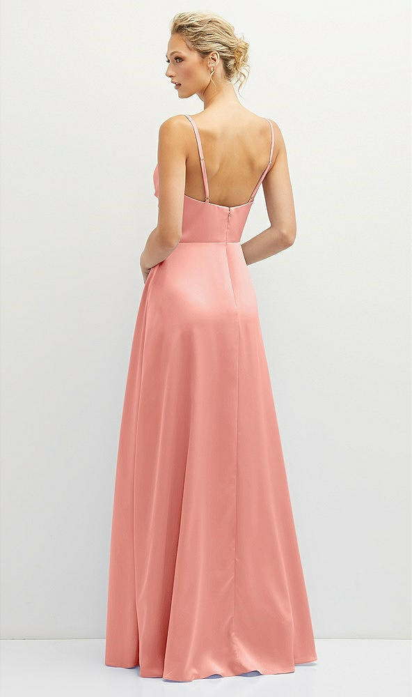 Back View - Rose - PANTONE Rose Quartz Vertical Ruched Bodice Satin Maxi Dress with Full Skirt