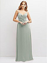 Alt View 1 Thumbnail - Willow Green Vertical Ruched Bodice Satin Maxi Dress with Full Skirt