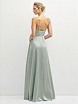 Rear View Thumbnail - Willow Green Vertical Ruched Bodice Satin Maxi Dress with Full Skirt