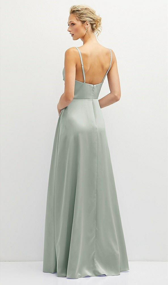 Back View - Willow Green Vertical Ruched Bodice Satin Maxi Dress with Full Skirt