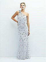 Front View Thumbnail - Silver Dove One-Shoulder Fit and Flare 3D Floral Embroidered Dress