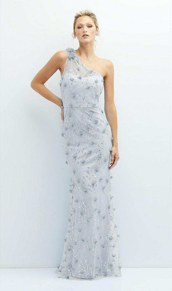 Front View - Silver Dove One-Shoulder Fit and Flare 3D Floral Embroidered Dress