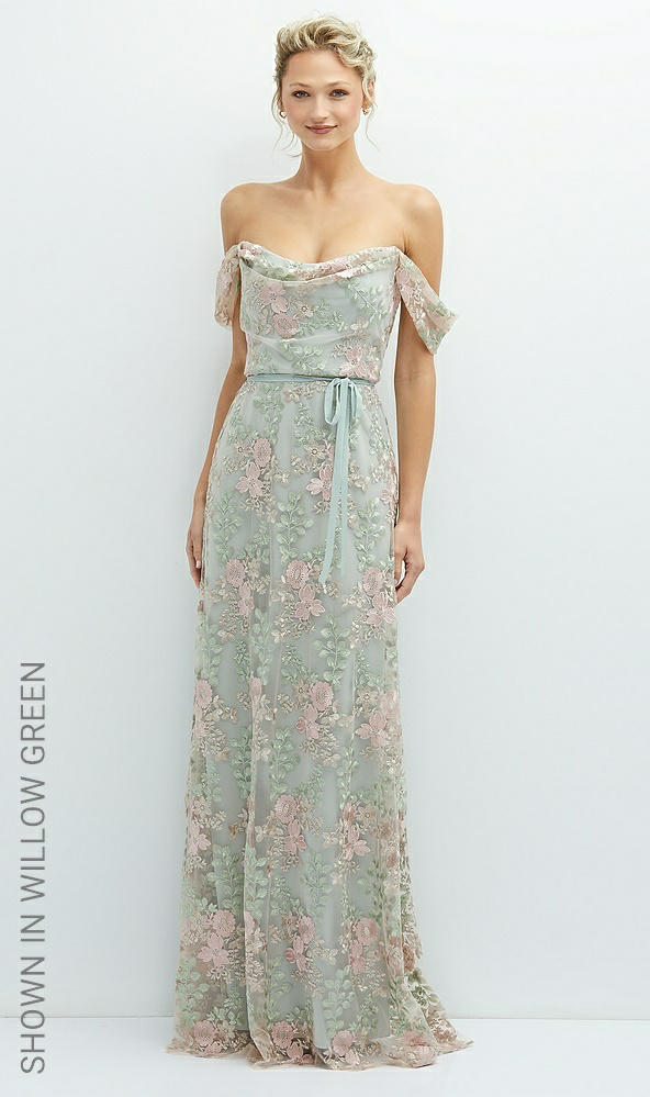 Front View - Blush Off-the-Shoulder A-line Floral Embroidered Dress with Skinny Tie Sash