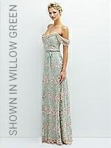 Side View Thumbnail - Blush Off-the-Shoulder A-line Floral Embroidered Dress with Skinny Tie Sash
