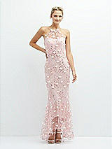 Front View Thumbnail - Rose - PANTONE Rose Quartz Sheer Halter Neck 3D Floral Embroidered Dress with High-Low Hem