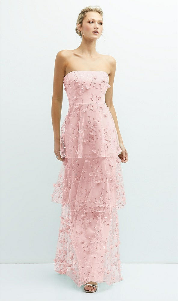 Front View - Rose - PANTONE Rose Quartz Strapless 3D Floral Embroidered Dress with Tiered Maxi Skirt