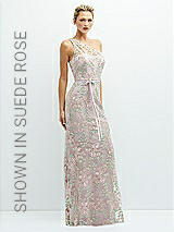 Side View Thumbnail - Blush One-Shoulder Fit and Flare Floral Embroidered Dress with Skinny Tie Sash