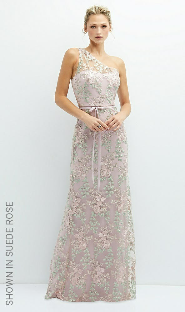 Front View - Cashmere Gray One-Shoulder Fit and Flare Floral Embroidered Dress with Skinny Tie Sash