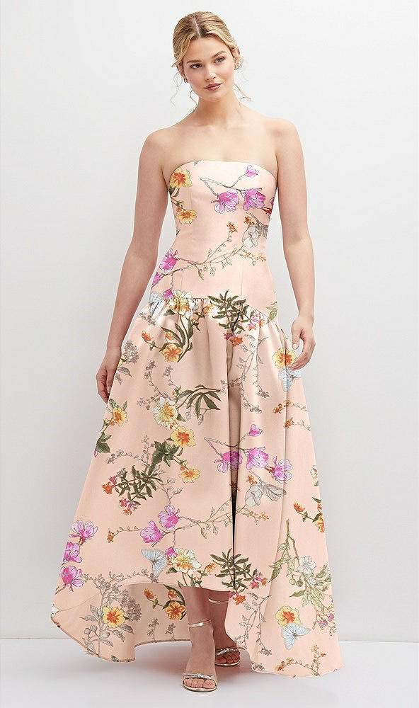 Front View - Butterfly Botanica Pink Sand Strapless Fitted Floral Satin High Low Dress with Shirred Ballgown Skirt