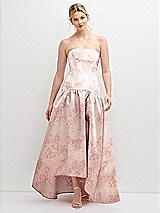 Front View Thumbnail - Bow And Blossom Print Strapless Fitted Floral Satin High Low Dress with Shirred Ballgown Skirt