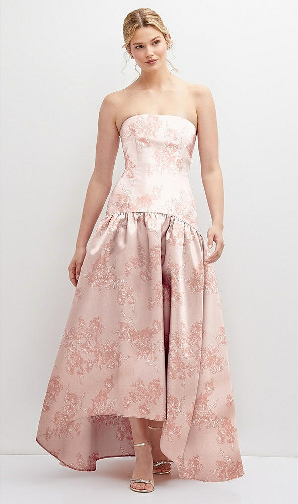 Front View - Bow And Blossom Print Strapless Fitted Floral Satin High Low Dress with Shirred Ballgown Skirt