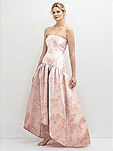Side View Thumbnail - Bow And Blossom Print Strapless Fitted Floral Satin High Low Dress with Shirred Ballgown Skirt