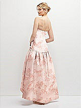 Rear View Thumbnail - Bow And Blossom Print Strapless Fitted Floral Satin High Low Dress with Shirred Ballgown Skirt