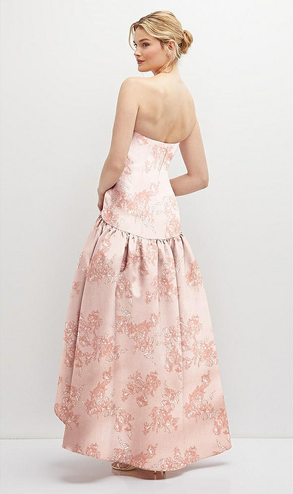 Back View - Bow And Blossom Print Strapless Fitted Floral Satin High Low Dress with Shirred Ballgown Skirt