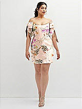 Alt View 2 Thumbnail - Butterfly Botanica Pink Sand Floral Satin Off-the-Shoulder Bow Corset Fit and Flare Mini Dress