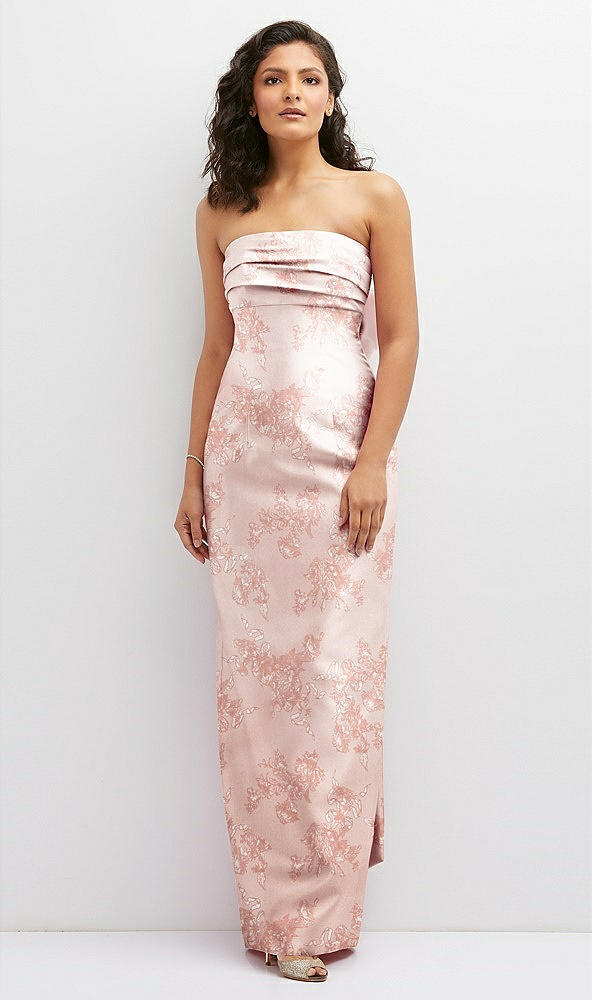 Front View - Bow And Blossom Print Floral Strapless Draped Bodice Column Dress with Oversized Bow