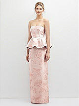 Front View Thumbnail - Bow And Blossom Print Floral Strapless Satin Maxi Dress with Cascade Ruffle Peplum Detail
