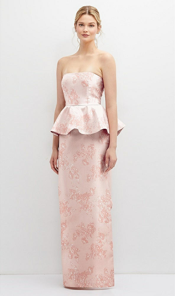 Front View - Bow And Blossom Print Floral Strapless Satin Maxi Dress with Cascade Ruffle Peplum Detail