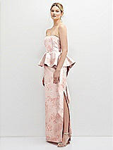 Side View Thumbnail - Bow And Blossom Print Floral Strapless Satin Maxi Dress with Cascade Ruffle Peplum Detail
