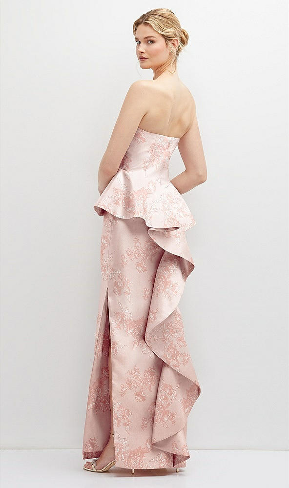 Back View - Bow And Blossom Print Floral Strapless Satin Maxi Dress with Cascade Ruffle Peplum Detail